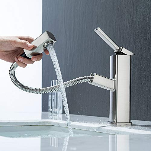 KAIYING Ausziehbarer Mischbatterie Wasserhahn Bad mit Drehbarem Auslauf | Waschtischarmatur mit Herausziehbarer Spritze, Waschbecken für Heißes und Kaltes Wasser, Gebürstetes Nickel