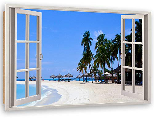 Feeby Tableau XXL plage Image Déco Imprimé Fenetre Vue 3D bleu 120x80 cm