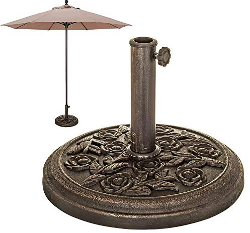 MSQL Heavy Duty 8kg Garden Parasol Base Umbrella Stand Round Rose Pattern Cast Iron Effect Resin Material, up to 50mm