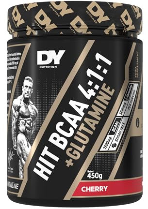 DY Nutrition HIT BCAA 4:1:1 + Glutamine, 450g, 30 Servings (Cherry Flavour) Branch Chain Amino Acid Powder Drink for Optimal Pump & Performance | Pre & Intra Workout Supplement