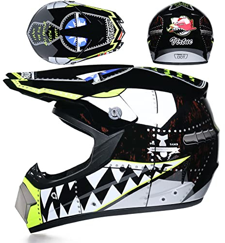 Juego de Casco de Motocross Completo con Gafas, Guantes, máscara, Casco de Motocross, Casco de Cross, Casco para niños y Adultos, protección de Seguridad (S, Negro)