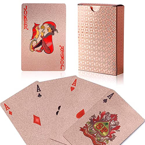 wdede Spielkarten Wasserdicht Kunststoff Poker Karten Deck 52 Karten + 2 Joker Professionelles klassisches Zaubertricks-Werkzeug für Kartenspieler Familienpartyspiel Roségold