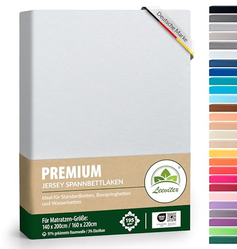 Premium Spannbettlaken, extra schwer und dick, 97% Mako-Jersey-Baumwolle und 3% Elasthan, auch Boxspringbett geeignet, 140 x 200-160 x 220 cm, Weiß