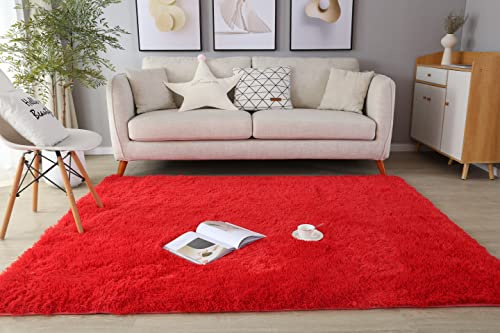 LYKEJI Flauschiger Teppich für Kinderzimmer, Wohnzimmer und Schlafzimmer - Shaggy, Lang, Weich und Rutschfest - Dekoration Fußmatte (80x120cm, Rot)