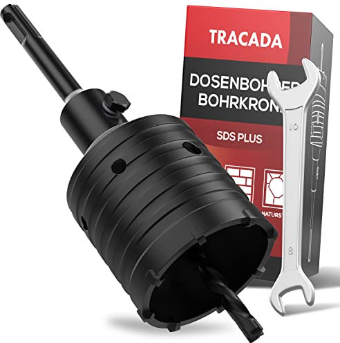 TRACADA Bohrkrone 68mm SDS Plus | Mit Schraubensicherung & Maulschlüssel | Dosenbohrer 68 mm Steckdosenbohrer Steckdose Porenbeton Gasbeton Ziegel