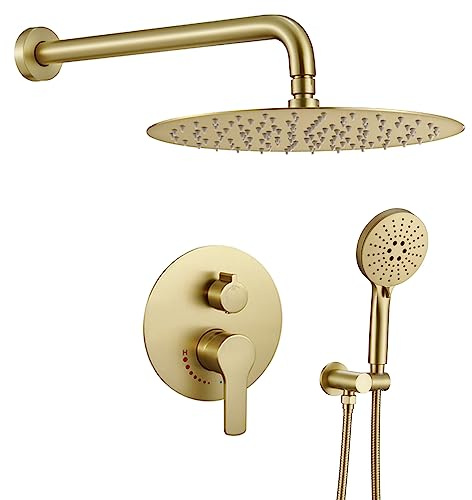 Brushed Gold Shower System with Rain Shower and Handheld, High Pressure 10 Inch Gold Shower Faucets Sets Complete with Brass Shower Valve and Trim Kit