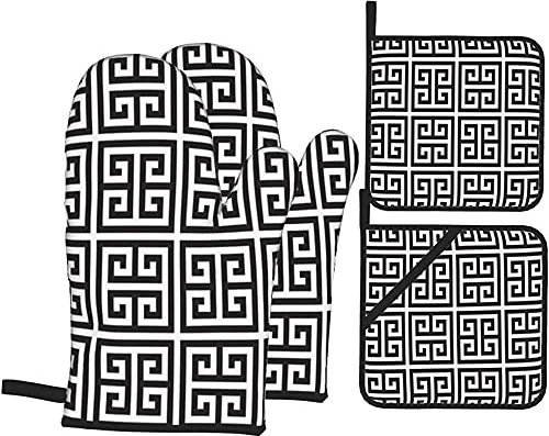 Maniques Géométrique Moderne Clé Noire Et Grecque Anti Chaleur Maniques Cuisine Antidérapant Gants pour Cuisson Femmes Barbecue