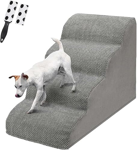LIANTRAL Dog Steps Stairs for Bed - Non-Slip Pet Stairs for Small Dogs and Cats, 4-Steps Dog Ramp for Sofa with High Density Foam & Removable Cover & Pet Hair Remover Roller, Grey
