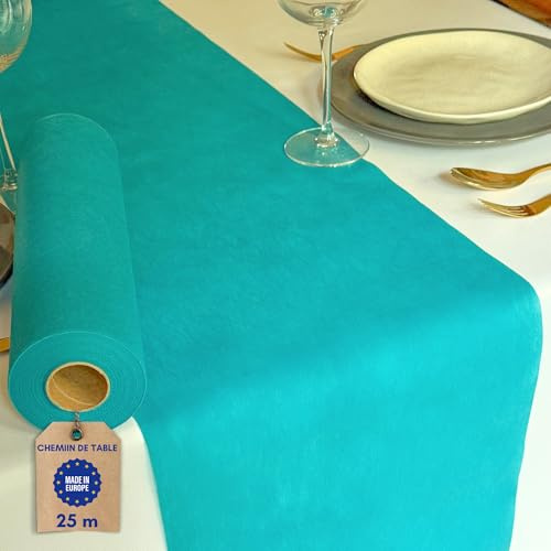 NATUARTE, Tischläufer Türkisblauer, Vlies Tischläufer, Deko Tischband, 25 Meter x 30 Zentimeter, Tischdekoration, Dekor Taufen Kommunionen Hochzeit Geburtstage,Rolle,Farbe Türkisblau