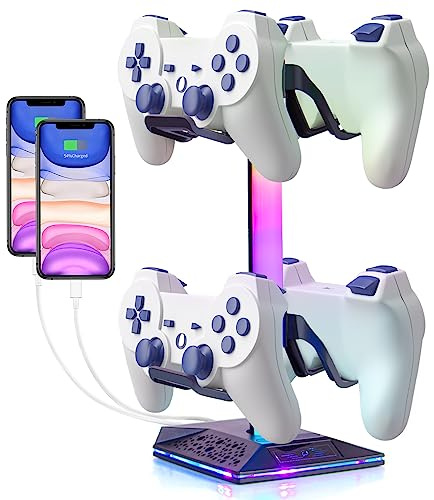 Todeco RGB Kopfhörer Ständer, Game Controller Halter, 2 USB-Anschlüsse | 10 RGB-Modi, Touch-Steuerung, Aufladen von 2 Telefonen, Halterung für Kopfhörer oder 4 Controller