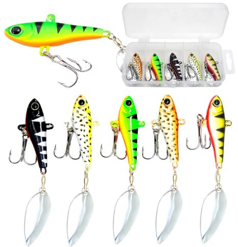 Jig Spinner Set, 5 Stück 20g Angelköder in Köderbox, Bleikopfspinner für Barsch Hecht Zander Döbel, Baits Spinjig in Köderbox UV-Aktiv Kunstköder Spinnerbait Jig Bait