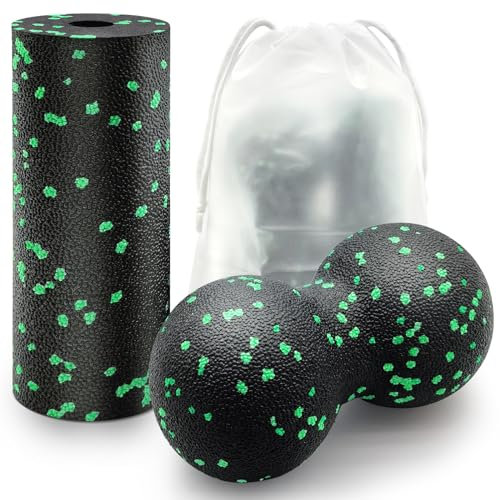 Eurtes Faszienball und Faszienrolle Set, Kleiner Massageball Fazienrolle für Wirbelsäule Rücken Nacken Fuß, Mittelhart Blackroll Duoball für Faszientraining DurchfüHren, Schmerzen Lindern