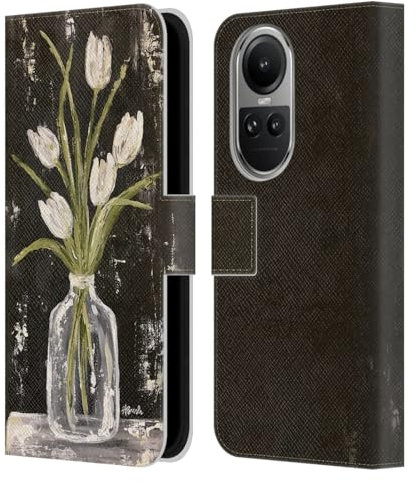 Head Case Designs Licenciado Oficialmente Haley Bush Tulipanes Blancos en Tarro de Cristal Pintura Floral Carcasa de Cuero Tipo Libro Compatible con OPPO Reno10 5G / Reno10 Pro 5G