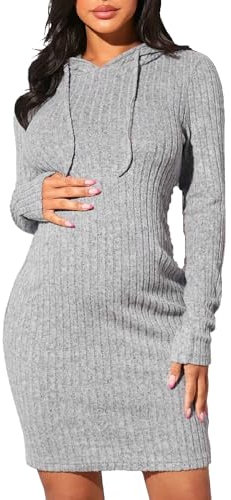 SISAY Mammaklänningar för kvinnor långärmad amningsklänning med huva jumper klänning avslappnad höst vinter huvtröja tröja klänning elegant mini bodycon graviditetsklänning för baby shower