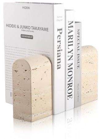 Koville Italienische Travertin-Buchstützen für Regale, dekorative Buchstützen, 3,2 kg, robuste Marmor-Buchhalter, Bücherregal, Wohnungsdekoration für normale Bücher/CD/Videospiele (Travertino Romano)
