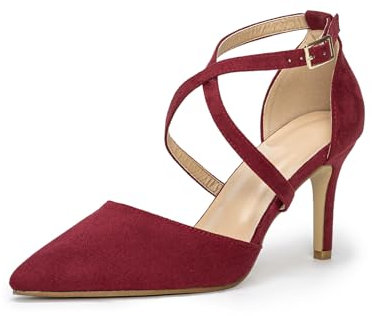 Hoefirm Dam domstolsskor med korsrem pumps spetsig tå stilett högklackade damer sexiga festskor, Röd mocka, 39.5 EU