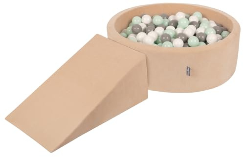 KiddyMoon Spielplatz Velvet Aus Schaumstoff Rund Bällebad Bällebad (100 Bälle) + Zwickel Ballgruben Babys Spielbad, Sandbeige:Weiß/Grau/Minze