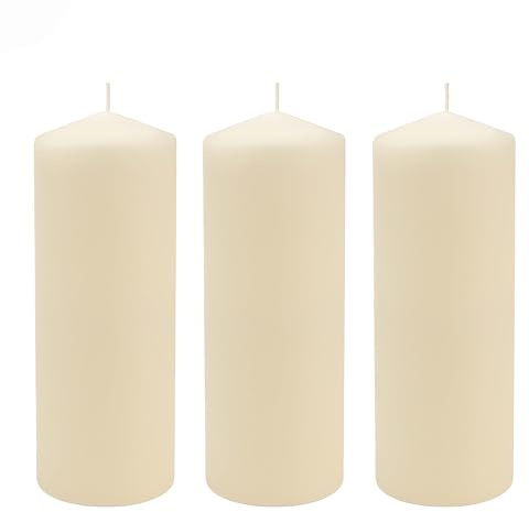 Stonebriar 3 Pack Tall 3 x 8 Inch 80 Hour Long Burning Unscented Ivory Wax Pillar Candles