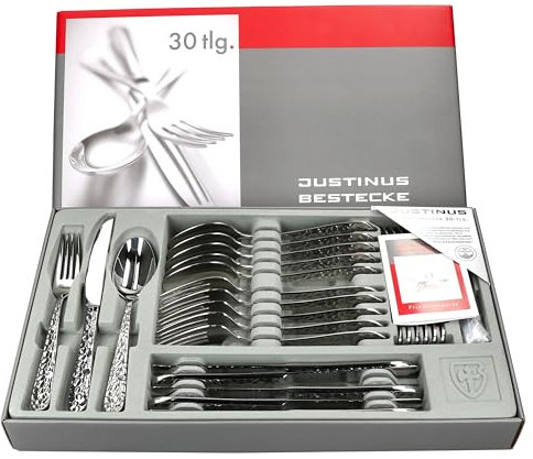 Justinus Invictus 30tlg Komplett-Besteck-Set I für 6 Personen I mit gehämmertem Dekor I aus rostfreiem poliertem 18/10 Edelstahl & Klingenstahl I Gabel, Messer & Löffel I für Gastro & Zuhause