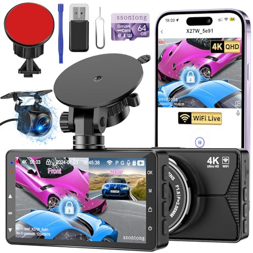 Dash Cam Front and Rear, 4K Dash Cam WiFi/APP Control Dashcam W/ 64GB Card Car Camera Dash Cams DVR Dashboard Dash Camera for Cars W/Loop Recording G-sensor Time-Lapse Parking Mode, USB Powered