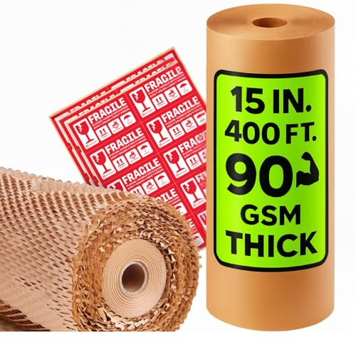 eco4plan Honeycomb Packing Paper | Extra Thick 90 GSM Packing Wrap | Biodegradable Packing Materials: 15” x 400’ Moving Paper + 30 Fragile Stickers | Paper Bubble Wrap/Packing Bubbles Substitute
