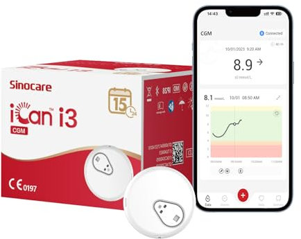 sinocare iCan 15-Day Continuous Glucose Monitoring System, with iCan CGM APP, Output Every 3 Minutes, Less Finger Pricks, for UK Diabetes, Home Self-Mangement Kit, Pack × 1
