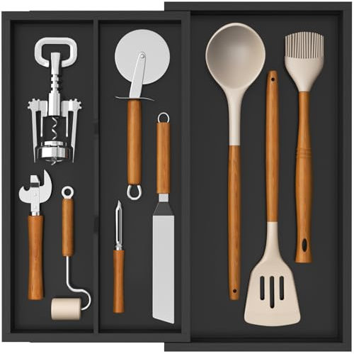 Lifewit Cutlery Drawer Organiser, 3 Compartment Cutlery Tray Bamboo Kitchen Utensil Tray, 3 Sections Flatware and Silverware Holder, Wood Adjustable Storage for Spoons Forks Knives, Black