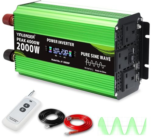 Yinleader 2000W Pure Sine Wave Inverter, 4000W Peak 12V DC to 240V AC Car Power Converter with 3 UK Sockets, 4 USB-A Ports, LCD Display Suitable for Off-grid, RV, Boat, Camping, and Home