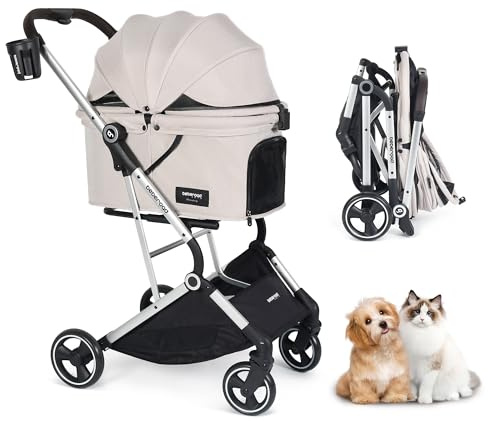 T4 PRO Husdjur sparkcykel hund katt skoter för små medelstora hundar katter, 4 hjul resa hopfällbar bärare vattentät valp sparkcykel med dyna, baldakin- och kopphållare, beige