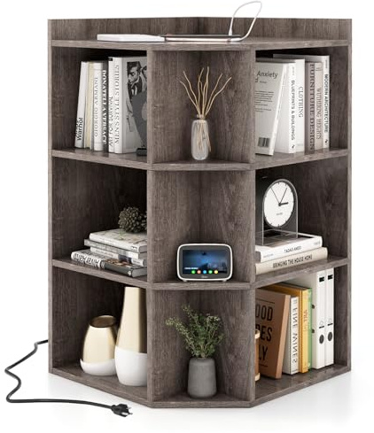 GIANTEX Eck-Bücherregal mit 3 Ebenen, Lagerregal mit 9 offenen Fächern, 51 x 71,5 x 86 cm, mit Ladeanschlüssen, dreieckiges Bücherregal für Wohnzimmer, Arbeitszimmer (Grau)