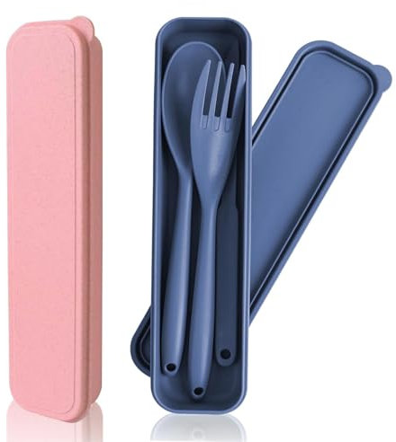 Travel Cutlery Set, 2 PCS Portable Camping Cutlery Plastic Knife Fork Spoon Set with Case Reusable Travel Utensils for Picnic School Office Lunch (Pink, Blue)