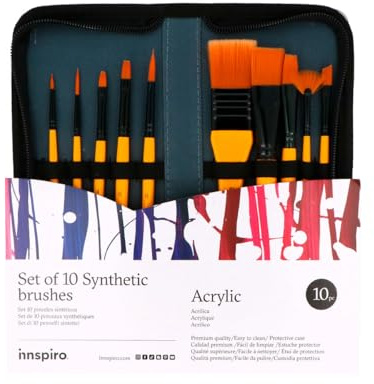 INNSPIRO Set 10 Pinceles sintéticos para Artistas con Estuche, para acrílica, Acuarela, Gouache, óleo, Ideal para principantes y Profesionales