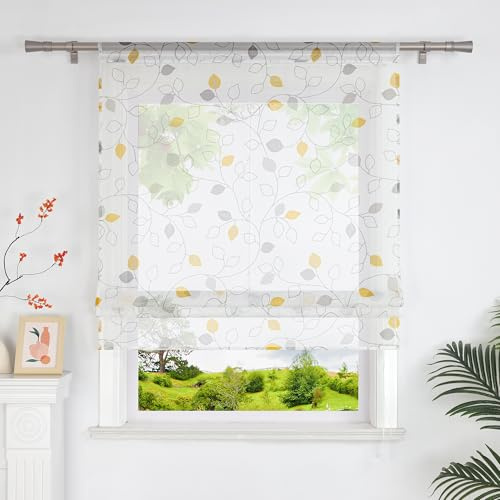 Heichkell Transparente Raffrollos mit Blätter Druck Voile Raffgardine ohne Bohren Landhaus Gardine Raffrollo mit Tunnelzug Gelb BxH 80x140 cm