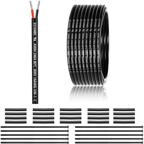 16 AWG 2×1.5 mm² 2 Core Electrical Wire 15M, 16 Gauge 12V/24V PVC Cable | 2 Conductor Tinned Copper Stranded Wire, for LED Strip Lighting, Outdoor Wiring & Automotive Applications, CE Listed