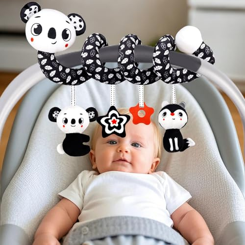 vocheer High Contrast Baby Toys for Newborn, Black and White Car Seat Toys, Sensory Toy for Babies Activity Stroller Spiral Hanging Toy Infant Rassles 0-36 Months, Baby Stuff for Newborn, Koala
