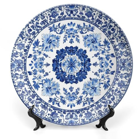 BHTLARNGY Blue Ceramic Decorative Plate, Chinese Style Decorative Dish with Stand, Blue and White Pottery Bone China Decorative Plates Art Porcelain Plate for Living Room Hallway Table Decor