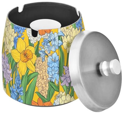 Cendrier à cigarettes en acier inoxydable avec couvercle pour intérieur ou extérieur, bureau, sans fumée, imperméable, motif fleurs de jonquille, jacinthes jaunes, décoration d'extérieur ou de jardin