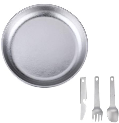 Telituny Juego de platos de titanio, 22 cm, plato de titanio puro con cuchara, tenedor, cuchillo combinado, flor de hielo, color natural, portátil, combinable, cacerola de camping, vajilla para