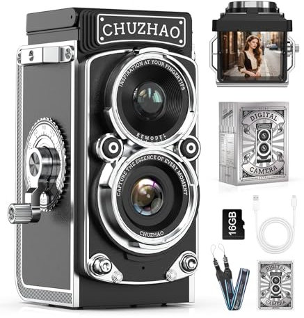 Kriogor Mini fotocamera digitale retrò, Mini Macchina Fotografica Digitale Vintage 1080p FHD video 12MP autofocus punto e scatta, Fotocamera Tascabile compatta con scheda da 16 GB