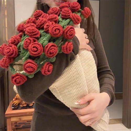 ENEN Manta de Ramo de Ganchillo, Rojo Hecha a Mano Crochet Flowers Rose Bouquet Blanket, Romántica con Ramo de Rosas,Regalo para El Día de La Madre (Rojo,110cm)