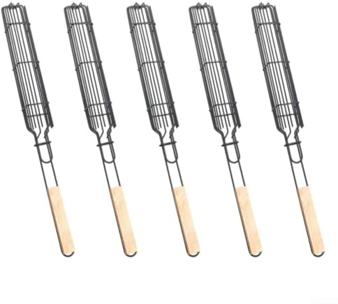 Lot de 5 paniers de barbecue en métal avec poignée en bois, pour griller, saucisses, viande, poisson, 49 x 5 x 4 cm
