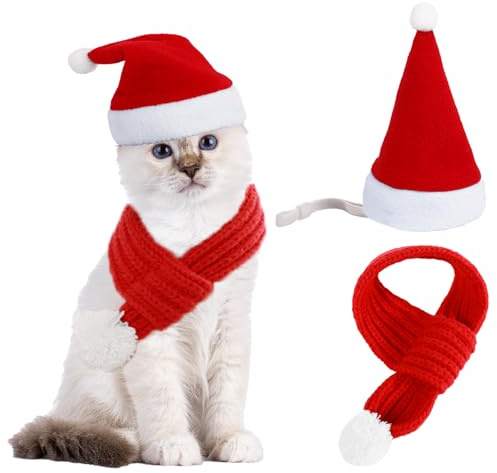 Katzen Weihnachtskostüm Rot Set, Katze Weihnachtsmütze und Schal, Weihnachts Kostüme Haustier, Weihnachten Kostüm Zubehör Set für Kleine Hunde und Katze Weihnachtskleidung