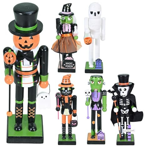 Halloween Nutcracker Soldier - 6Pcs Wooden Nutcracker Figures | Novelty Pumpkin Skeleton Witch Black Cat Nutc-Racker Tabletop Ornaments | Uniques Halloweens Parties Puppet Statues Decoration (25cm)