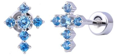 Pendientes de tuerca de cruz de 20 g para mujer, acero inoxidable hipoalergénico con circonita cúbica azul, piercing para cartílago pequeño, tragus, tornillo plano, joyería de fe regalo para ella