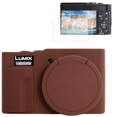 Rieibi Silicone Case for Panasonic Lumix ZS99/TZ99 Camera, Accessories for Panasonic Lumix DC-ZS99/TZ99 Case with 2 Pcs Screen Protectors, Detachable Lens Cover, Coffee