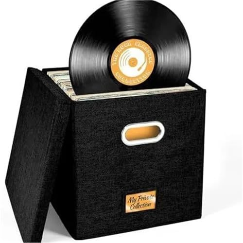 WAJJWI 13 Inch Large Vinyl Record Storage Box Foldable Cotton Linen Clothes Multi-Functional Home Clothing Underwear Toy Organizer para Discos(Black)