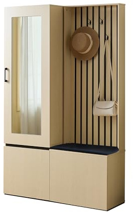 Garderobenschrank mit Spiegel und Sitzbank - 2-in-1 Flurmöbel Set mit ausziehbarer Kleiderstange, Schuhablage & integriertem Spiegel - Platzsparendes Design für Eingangsbereich oder Schlafzimmer