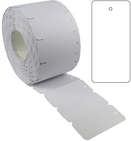 Kartonetiketten Etikettierpistole 35x75mm 5 Rollen weiß abgerundet | Preisetiketten abgerundet, Fadenlochung, perforiert, für Sicherheits- & Heftfäden