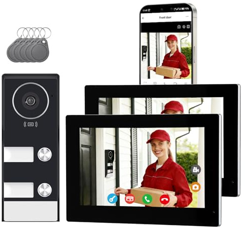 Honmidatek Videoportero 2 Hilos, Timbre Video Sistema Intercomunicador, 2 Videoporteros Táctil 7'', Desbloqueo en Remoto por App/RFID, Detección de Persona, Audio Bidireccional, Kit para 2 familias