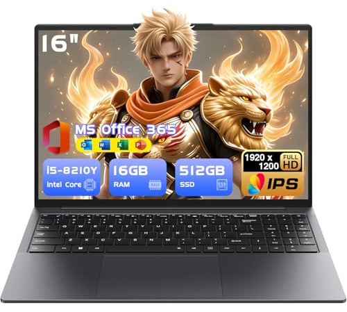 Brhona 16 Ordinateur Portable Gamer-Core i5-8210Y(Jusqu'à 3,6 GHz),16GB RAM,512GB SSD,Win 11 Pro,MS Office 365 Inclus,FHD 1920x1200 16:10,Wi-FI BT5.0,USB-A,HDMI,RJ45